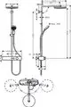 Hansgrohe Duschsystem mit einer großen, runden Kopfbrause, verstellbarem Handbrause und flexibler Halterung. Diagramm zeigt die Maße und Bewegungsfreiheit der Komponenten.